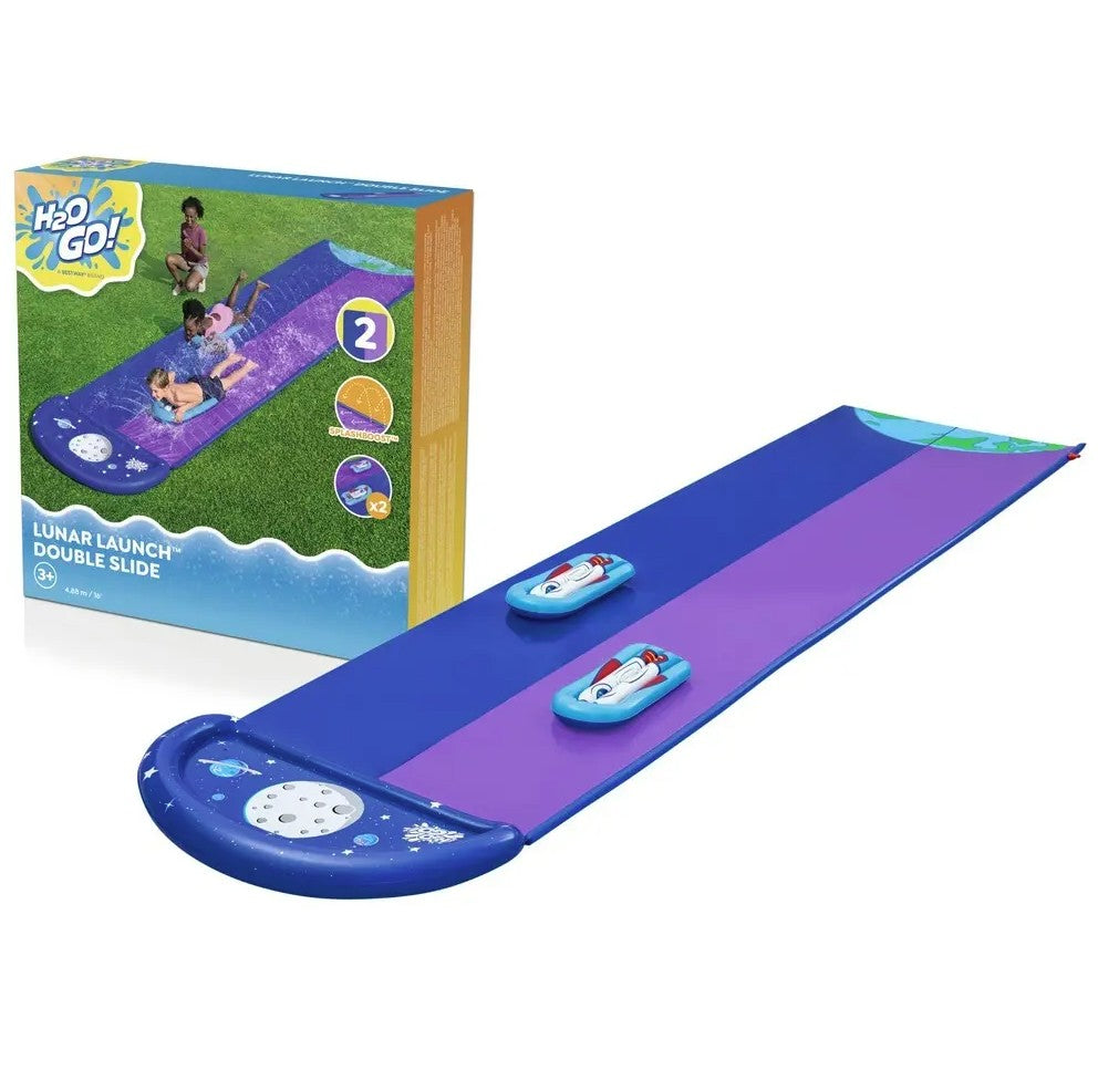 Set tobogan pentru apa dublu, Bestway, cu alunecare,  2 placi gonflabile, 488-138 cm, PVC, model spatial, mov/albastru Set tobogan pentru apa dublu, Bestway, cu alunecare,  2 placi gonflabile, 488-138 cm, PVC, model spatial, mov/albastru